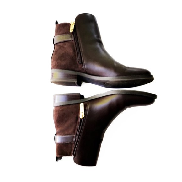 Tommy Hilfiger Irsela Brown Gold Ankle Zip Leather Booties - Picture 4 of 13